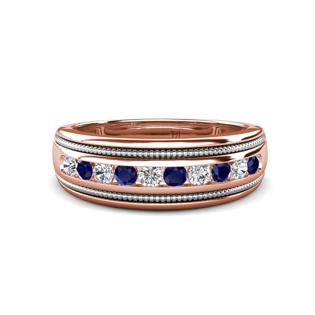 Zaid 0.55 ctw Round Natural Diamond and Blue Sapphire Two Toned and High Polished Edges Men Wedding Band (8 mm) 